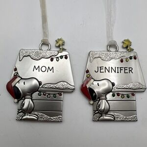 Snoopy Santa Woodstock "Mom" "Jennifer" Peanuts metal Christmas Ornaments